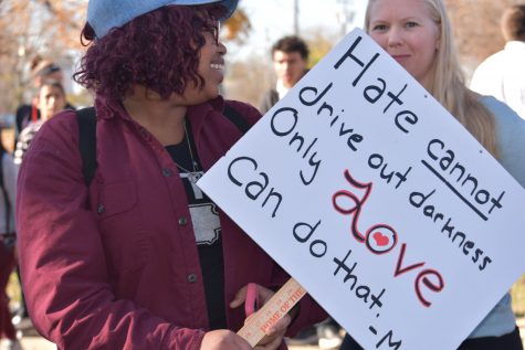 Senior Jalesha Johnson organized the walk out and led students in chants outside the school on Wednesday at 10:30 a.m.