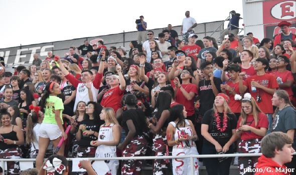 Cheering on their team at the homecoming football game is the East Tribe. Going to a football game is just one of the many after school activities you can participate in. “It’s a part of high school; thats how you ger involved, and you get to meet new people,” Principal Leslie Morris said.
